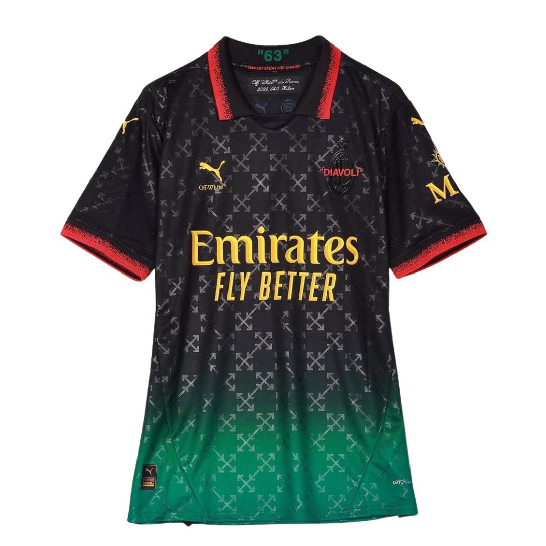 Black and green soccer jersey with red accents and multiple sponsors.