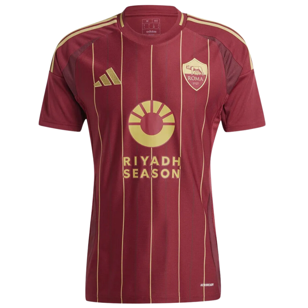 Maroon soccer jersey with gold stripes and logos, featuring 'Riyadh Season' text.