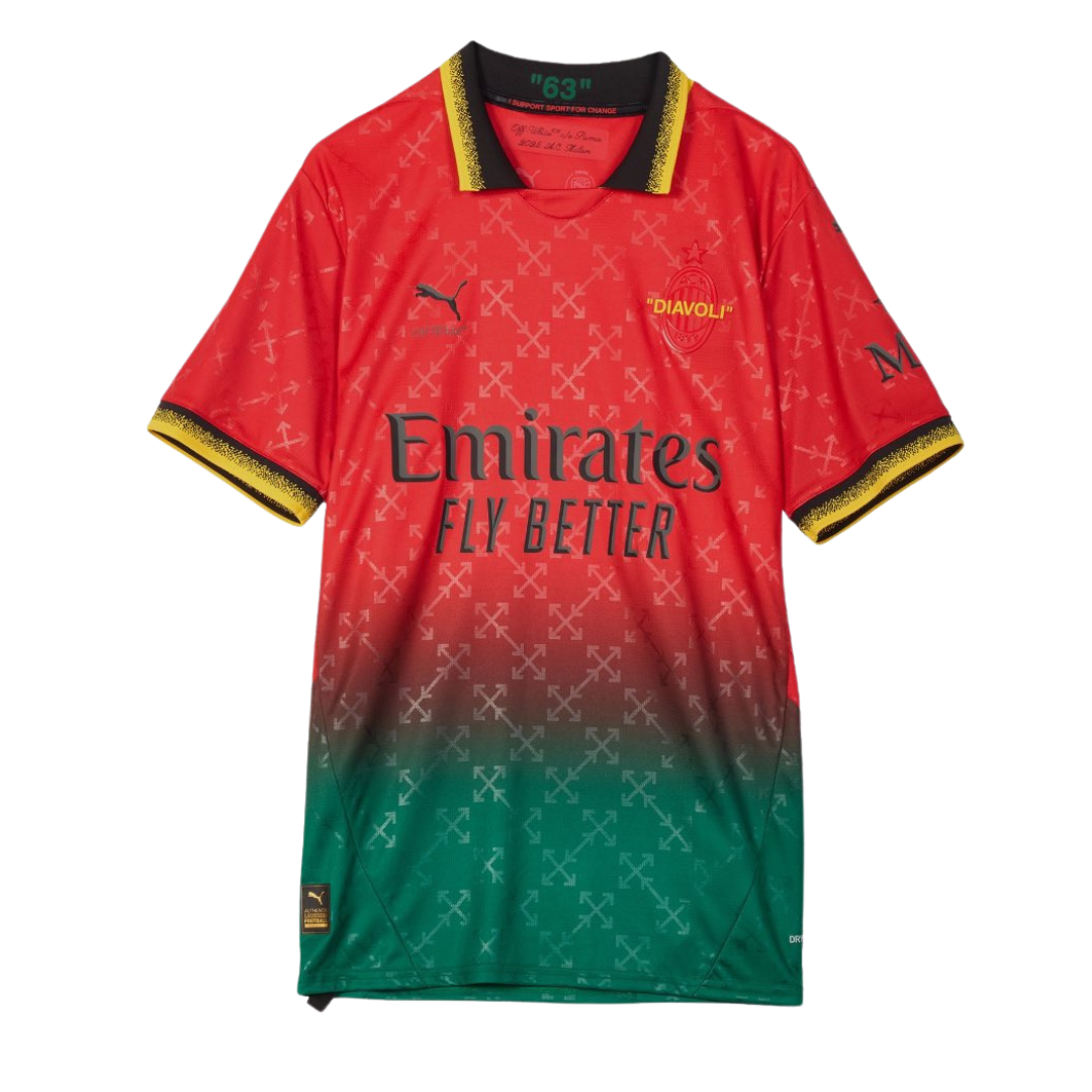 Red and green football jersey with yellow accents and sponsor logo.