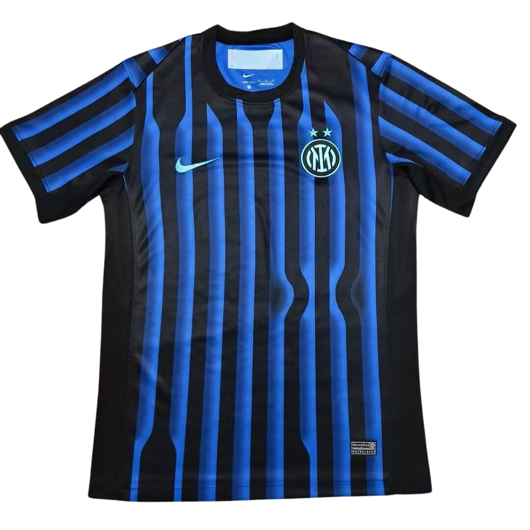 Black and blue striped soccer jersey with a logo and Nike swoosh.