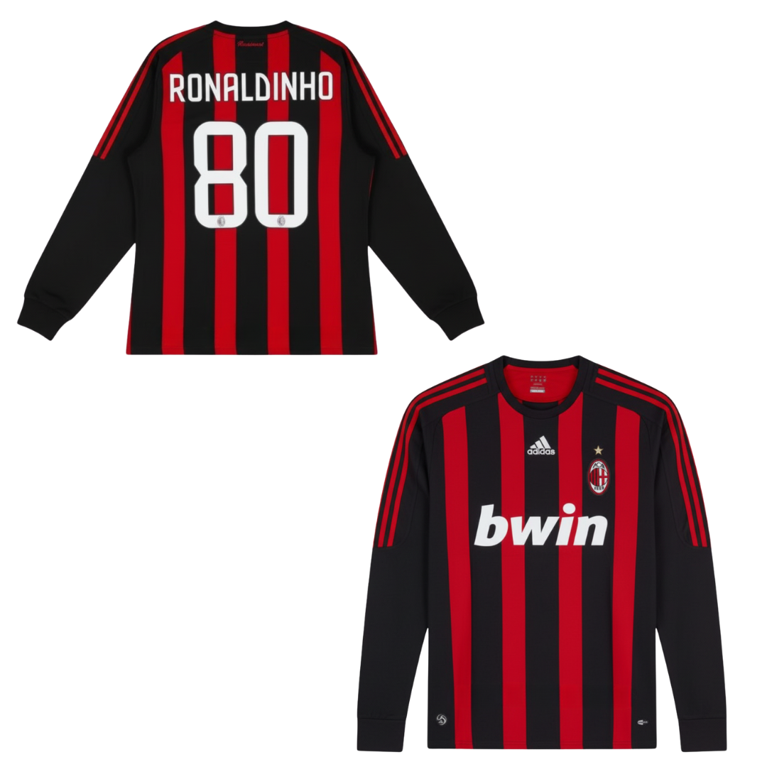 MAGLIA AC MILAN STORICA CASA  MANICA LUNGA2008-2009 + RONALDINHO 80